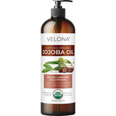 Velona Jojoba Oil bottle with pump for easy application and mess-free moisturizing