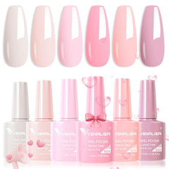 V VENALISA Hema-Free pink gel nail polish bottles showing six color options