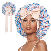 Bonnet Vettres en satin double couche bleu cerise protège les cheveux pendant la nuit.