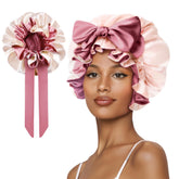 Vettres bonnet de nuit en satin rose, vue avant, protège les cheveux durant la nuit.