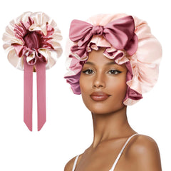 Vettres bonnet de nuit en satin rose, vue avant, protège les cheveux durant la nuit.