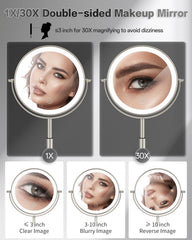Miroir VFD 30x détail élargi pour maquillage délicat.