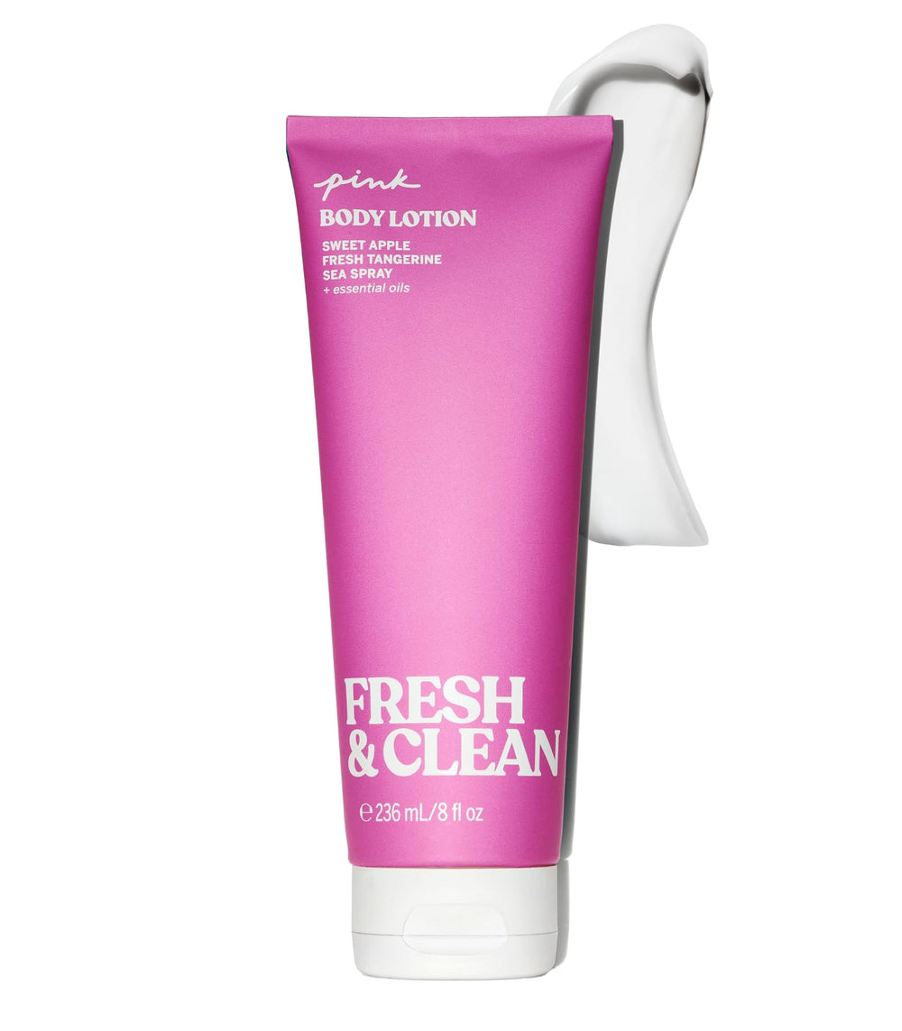 Victoria's Secret Pink Fresh & Clean hand and body lotion bottle with pump for daily hydration.