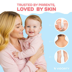 Close-up of Vigority unscented label, fragrance-free formula for sensitive skin.