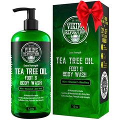 Bouteille Viking Revolution gel douche arbre à thé prête pour une douche rafraîchissante.