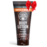 Lotion Viking Revolution affichée en flacon avec parfum café et whisky, énergie quotidienne.