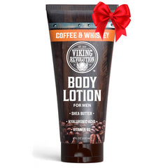 Lotion Viking Revolution affichée en flacon avec parfum café et whisky, énergie quotidienne.