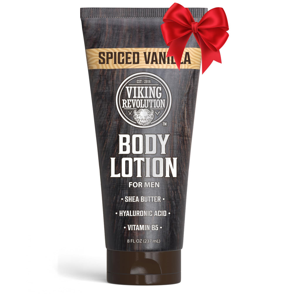 Lotion Viking Revolution pour homme – bouteille vanille épice prête à l’emploi et hydratation.