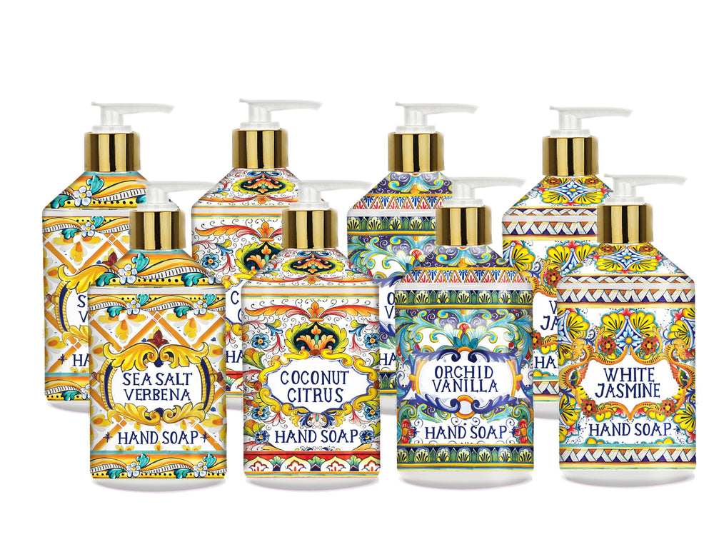 Villa Flora: bouteille parfumée avec motif méditerranéen et parfum rafraîchissant pour les mains.