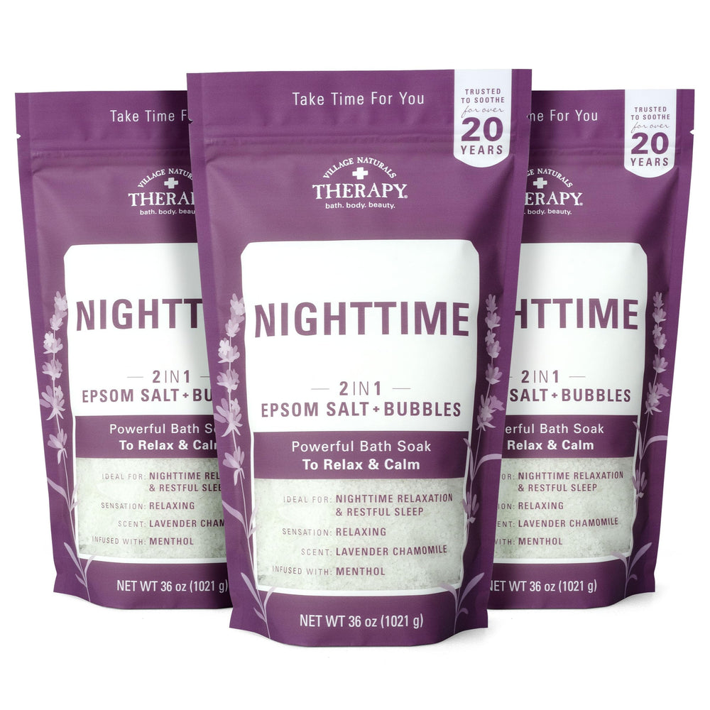 Village Naturals Therapy bain epsom nocturne, pack triple pour une détente efficace.