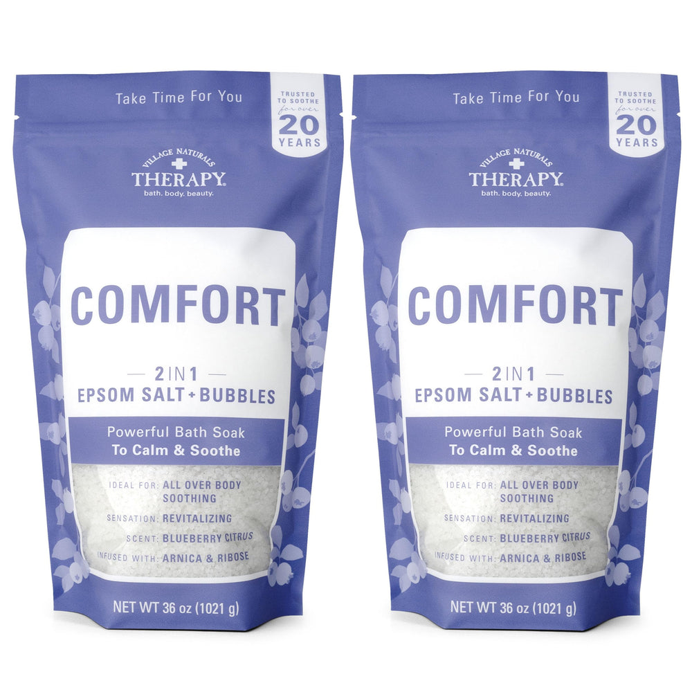 Village Naturals Therapy Comfort Bath Soak : bouteille prête à verser pour bain relaxant.