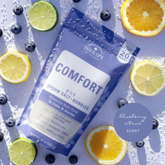 Village Naturals Therapy Comfort Bath Soak : photo-ensemble montrant le lot et le produit.