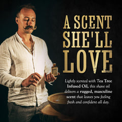 THE VINTAGE GROOMING CO. Shave Oil Tea Tree, emballage vintage et design distinctif.