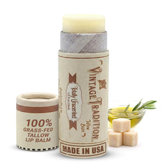 Vintage Tradition unscented lip balm tube for dry lips with beef tallow and olive oil.