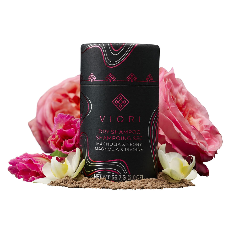 Flacon de poudre sèche Viori Magnolia et Pivoine prêt à l’emploi, design élégant.