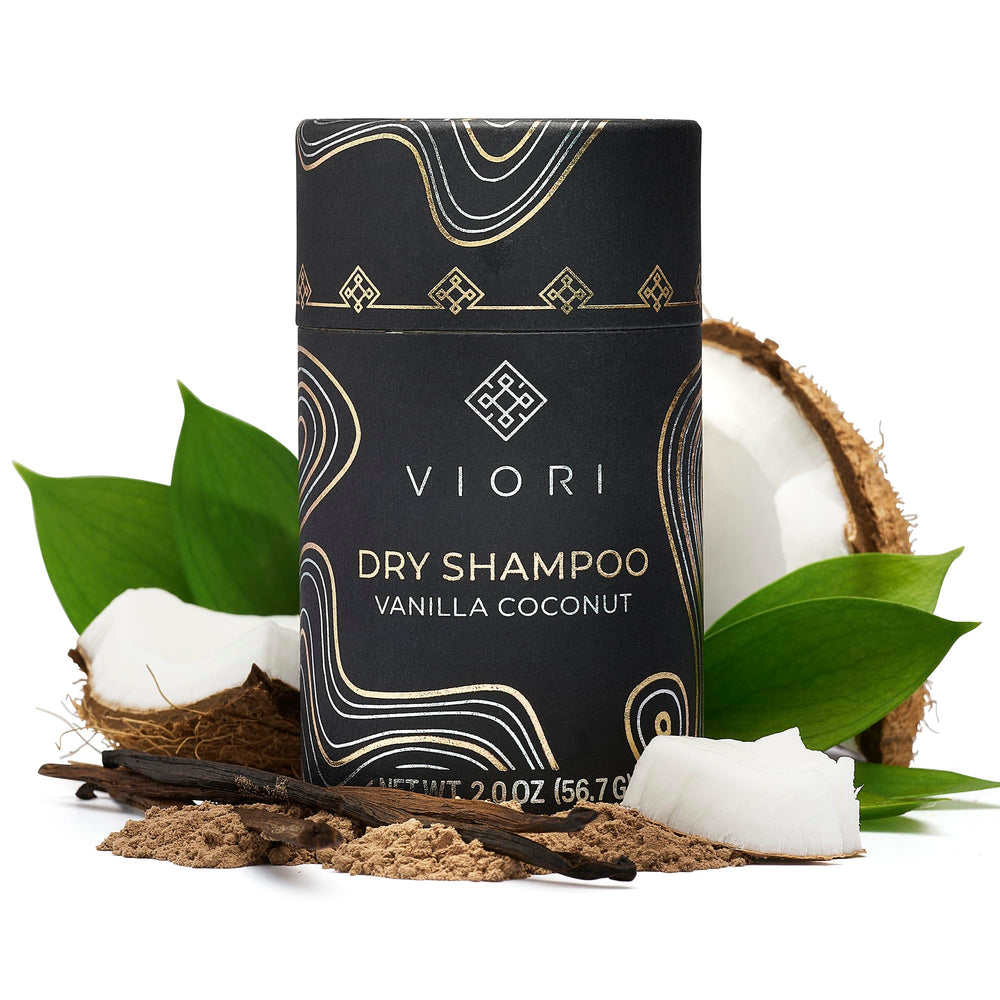 Poudre sèche Viori vanille coco – application rapide sur les racines pour rafraîchir les cheveux.