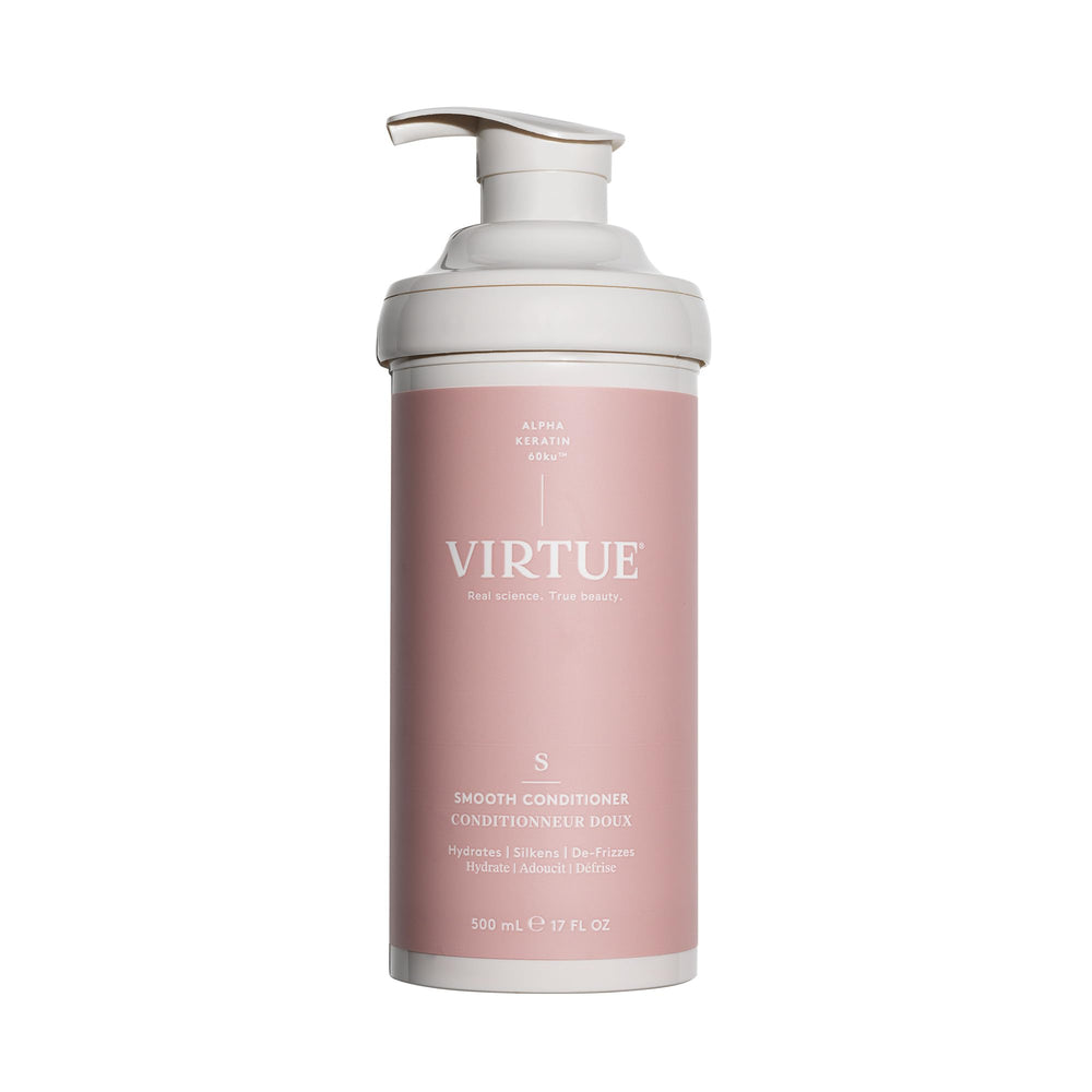 Virtue après-shampooing lissage, flacon élégant et cuticules lissées.