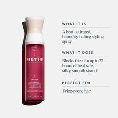VIRTUE Frizz Block Spray sur cheveux : application facilitant le coiffage quotidien.