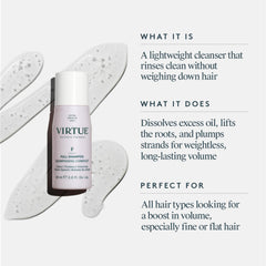 Shampoing VIRTUE, mousse légère, lavage doux et efficace.