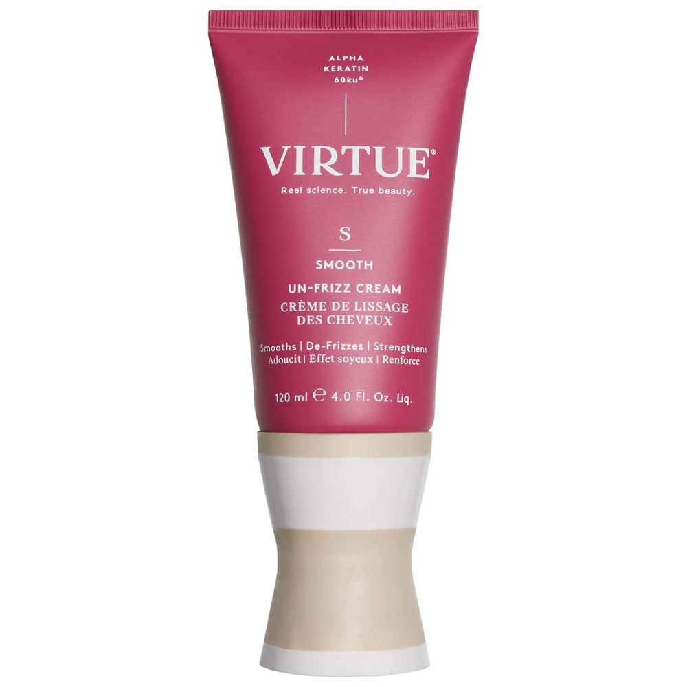 Virtue Un-Frizz Crème: bouteille visible, application rapide sans film gras.