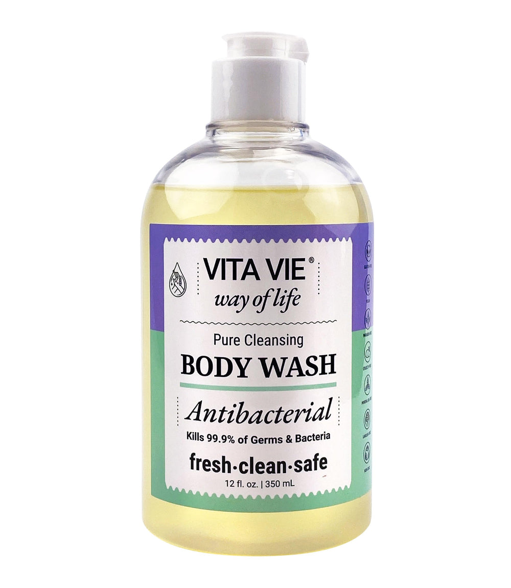 Vita Vie body wash lemon bottle pour delivering refreshing cleanse for hands and forearms.