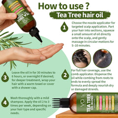 Vital Affair Tea Tree Oil on scalp demonstrates massage-ready oil for moisture.