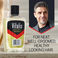Tonique Vitalis appliqué sur cheveux humides, facilitant le coiffage et la tenue.