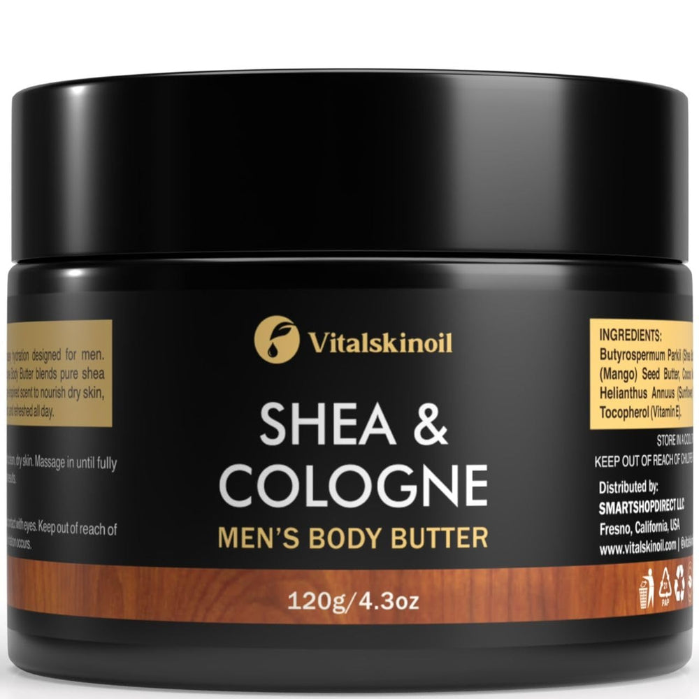 VITALSKINOIL Beurre corporel homme, bocal noir, hydratation riche et parfum Cologne