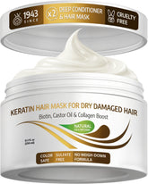 Masque Keratine VITAMINS, bouteille élégante et hydratation en profondeur pour cheveux abîmés.