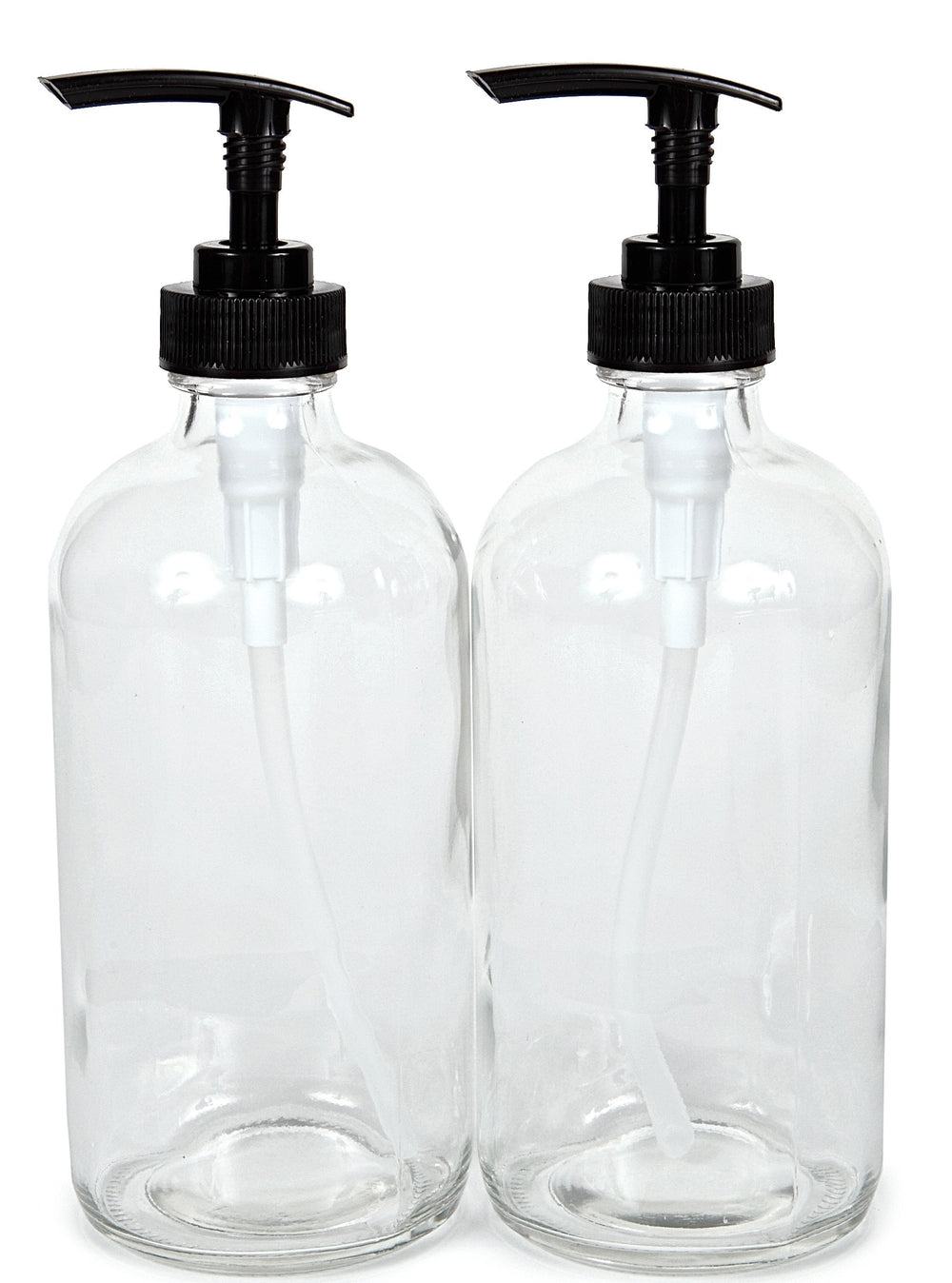 Bouteille Vivaplex en verre clair 16oz avec pompe noire, idéale pour savons et huiles.