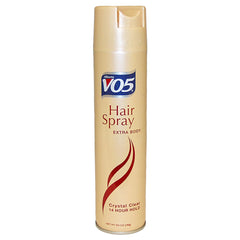 Vo5 Crystal Clear Spray — bouteille affichant une tenue durable et cheveux brillants
