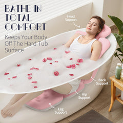 VOXOR coussin bain rose en action, soutien tête et dos pendant la baignade.