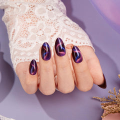 VSALON ongles adhésifs violet foncé et bleu œil-de-chat, ruban scintillant pour un look glam.