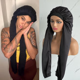 Bonnet long WAIW HAIR noir protège les longueurs pendant le sommeil.