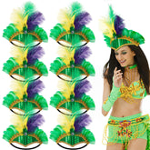 Watayo serre-tete Mardi Gras avec plumes multicolores violet, jaune et vert pour un style festif
