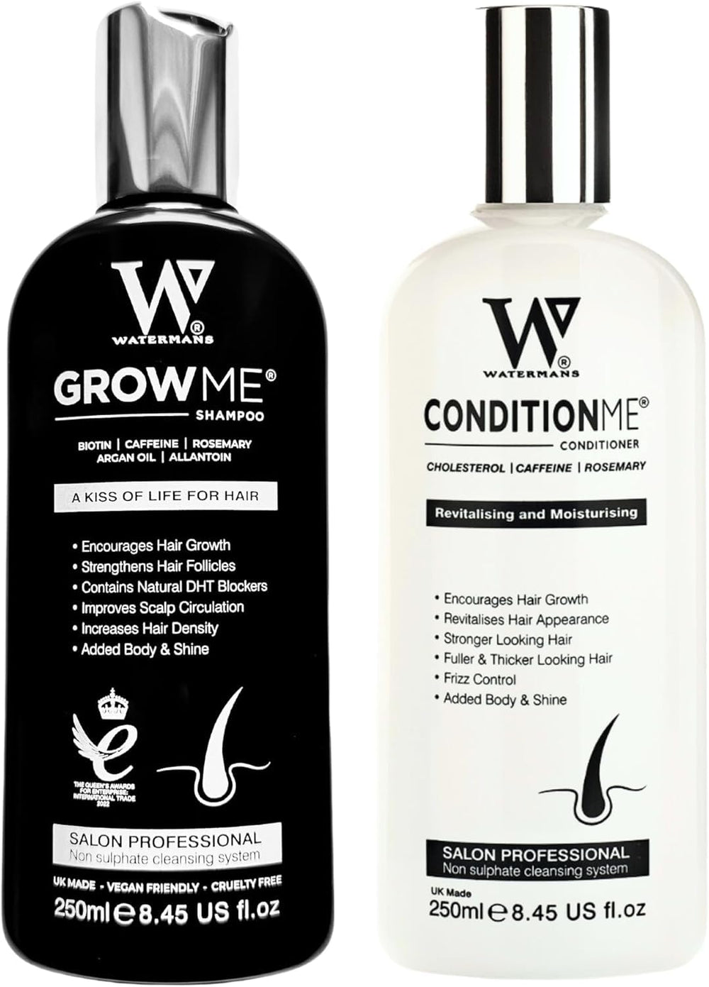 Watermans Grow Me Shampoing: bouteille élégante, revitalisant pour cheveux fins.