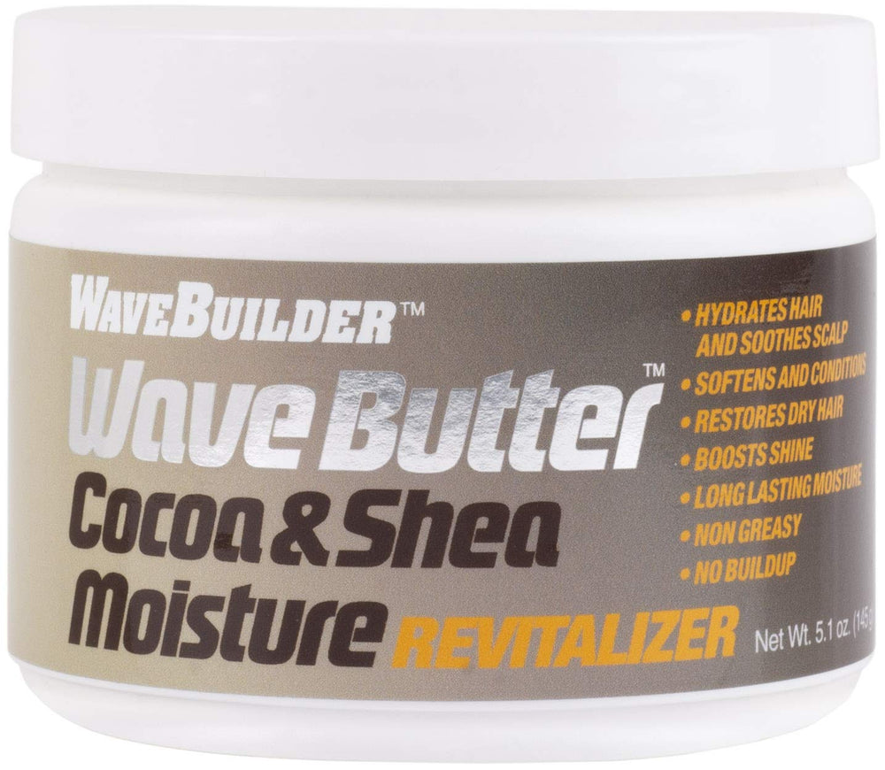 WAVEBUILDER Beurre cacao-karité bouteille, hydratation durable pour cheveux bouclés.