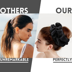 Waydress scrunchie satin noir oversize, douceur textile pour cheveux sensibles.