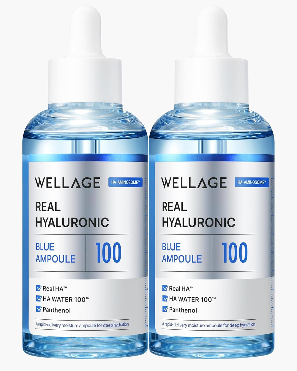 WELLAGE ampoule hyaluronique bleue, bouteille sur étagère montrant une hydratation durable