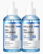 WELLAGE ampoule hyaluronique bleue, bouteille sur étagère montrant une hydratation durable