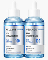 WELLAGE ampoule hyaluronique bleue, bouteille sur étagère montrant une hydratation durable