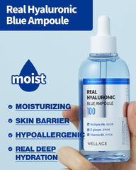Wellage Real Hyaluronic Blue Ampoule – application faciale pour peau souple et confortable.