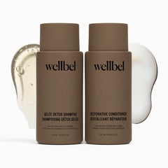 Shampooing WELLBEL Detox-Restore Duo en bouteille offrant purification et hydratation capillaire