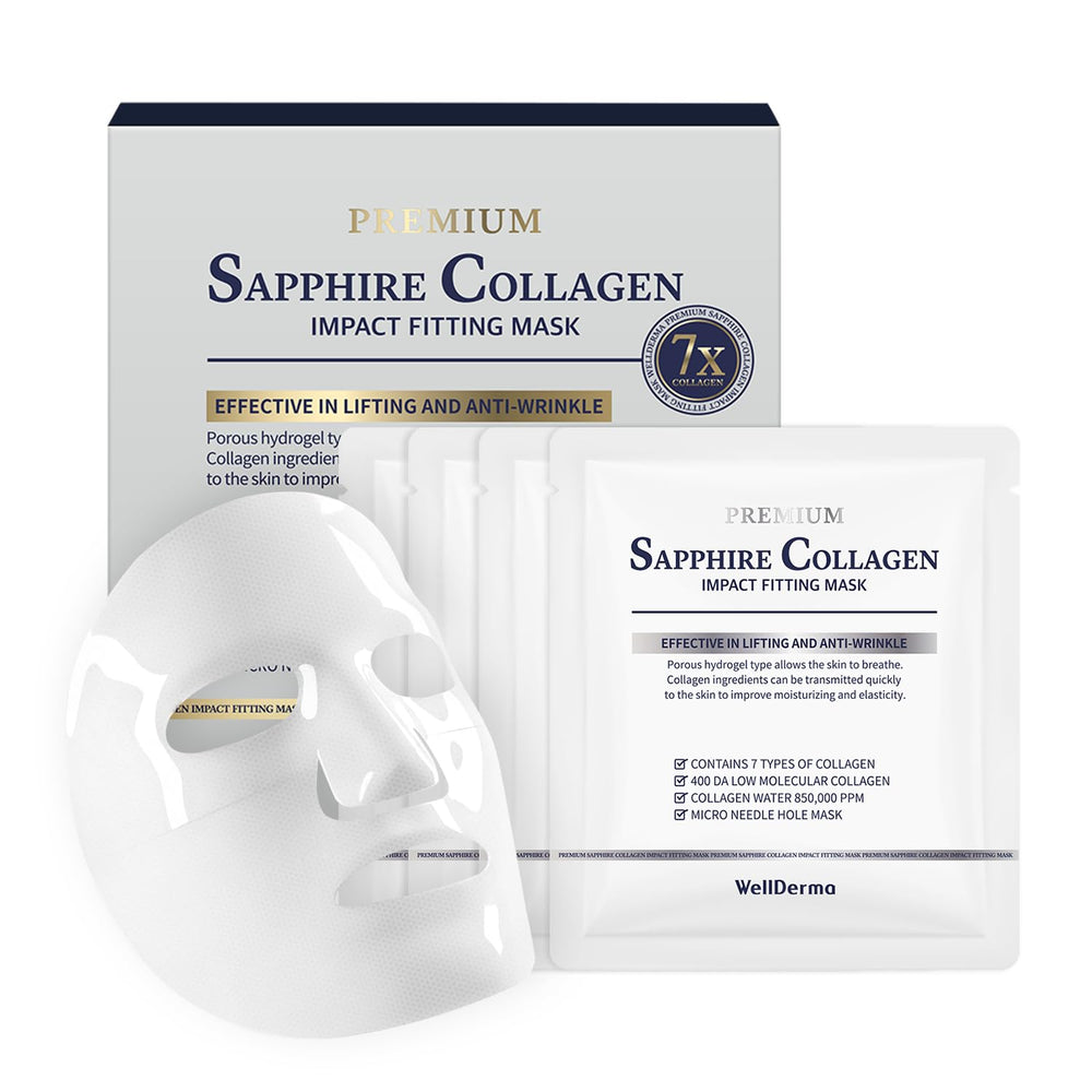 Wellderma Sapphire Collagen Mask packaging showcases premium hydration care.