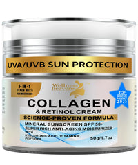 Wellness Heavens Crème Visage SPF50 emballage élégant pour une routine soin.