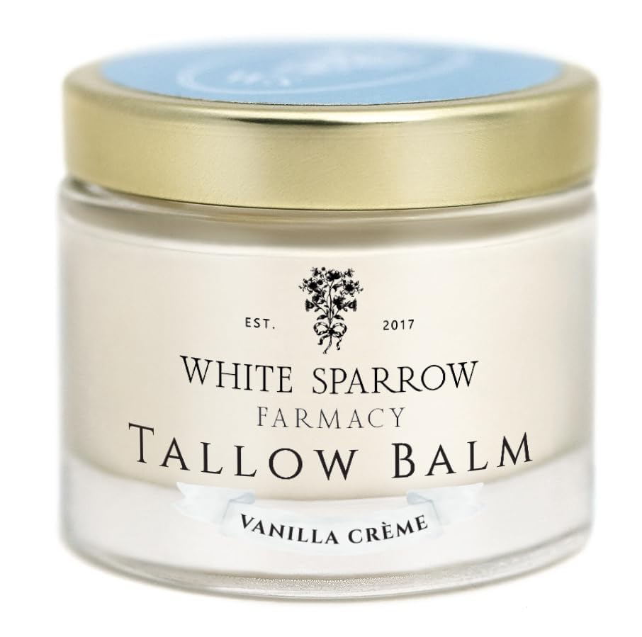 White Sparrow Farmacy baume au suif Vanille Crème en pot, hydratation naturelle.