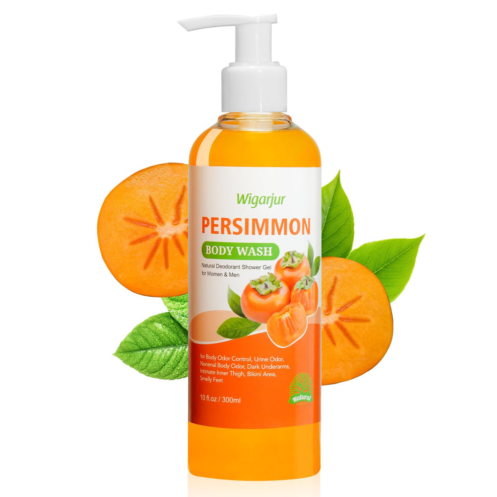 Le gel douche Persimmon de Wigarjur dans sa bouteille, fraîcheur durable.