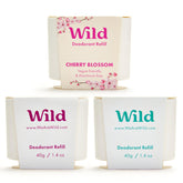 Wild déodorant — paquet rechargeable, ensemble varié pour tester les trois parfums.