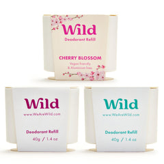 Wild déodorant — paquet rechargeable, ensemble varié pour tester les trois parfums.
