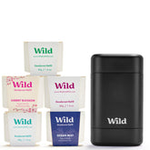 Wild Kit: boîte noire élégante et recharges pour une routine zéro déchet.